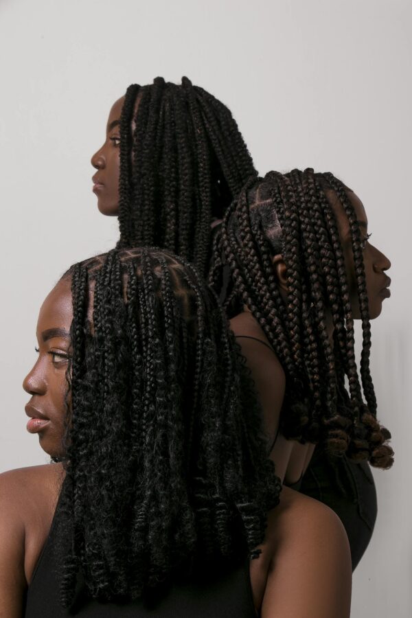 Stylish portrait of three women showcasing a variety of intricate braided hairstyles, exuding elegance.